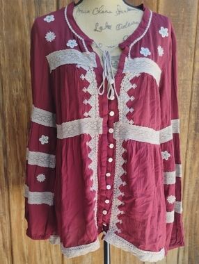 Free People Wine Boho Tunic with Cream Lace Trim